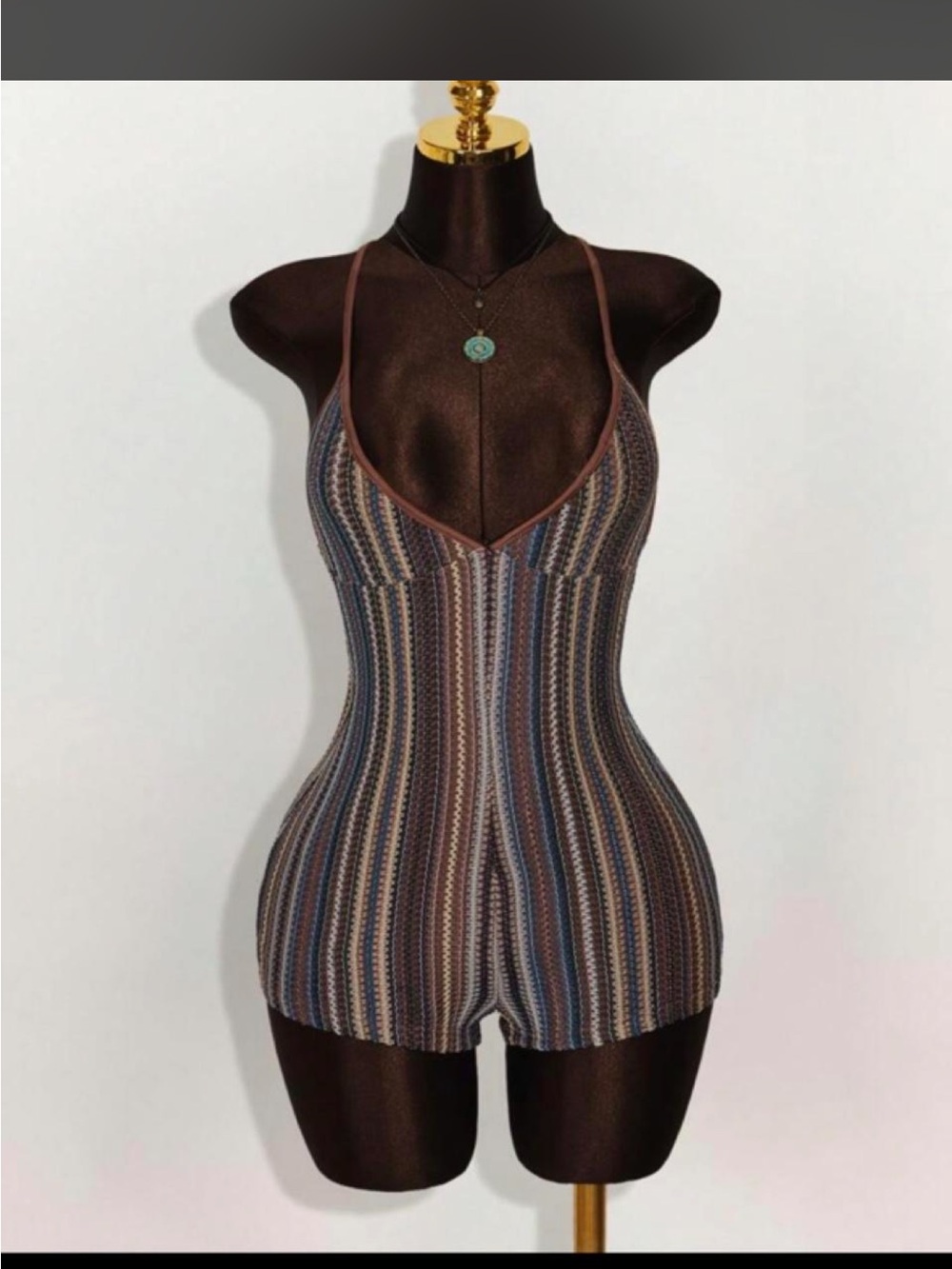 Women's Striped Knit Romper Bodysuit - Brown/Blue